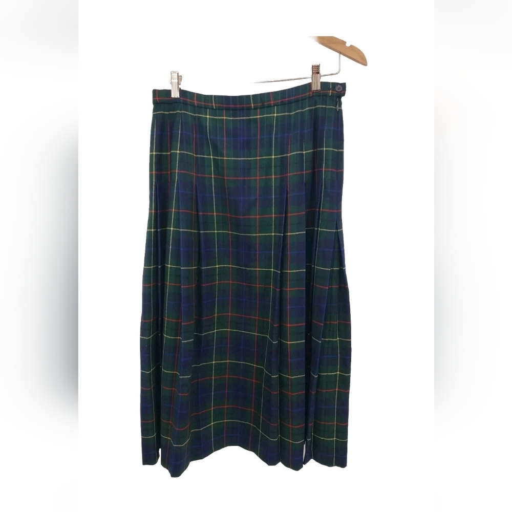 VTG PENDLETON Plaid Wool Skirt Pleated Women's Size 12 Green Signature Tartan